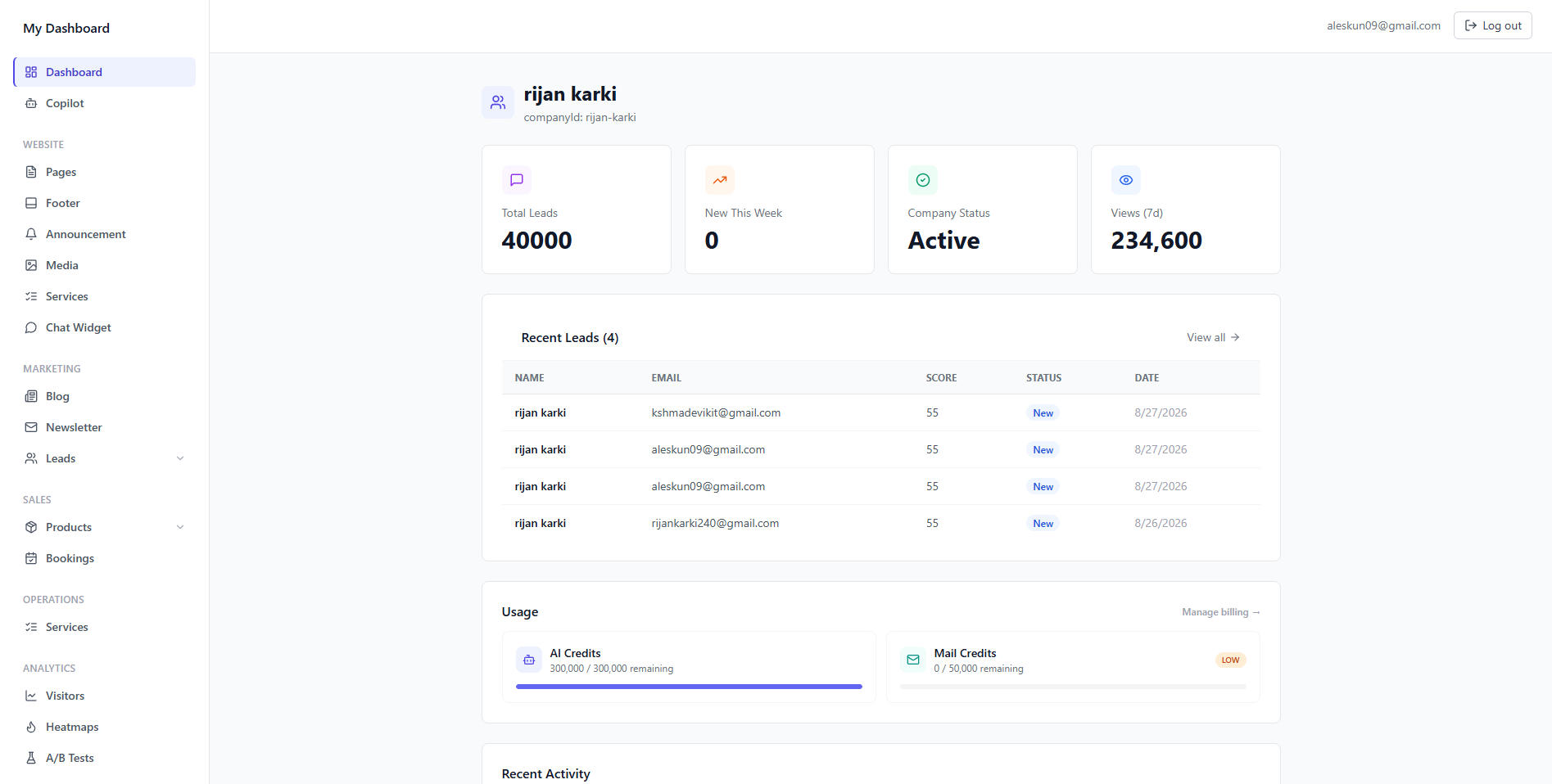 The kitagency dashboard, showing a site's traffic, leads and live chat in one screen