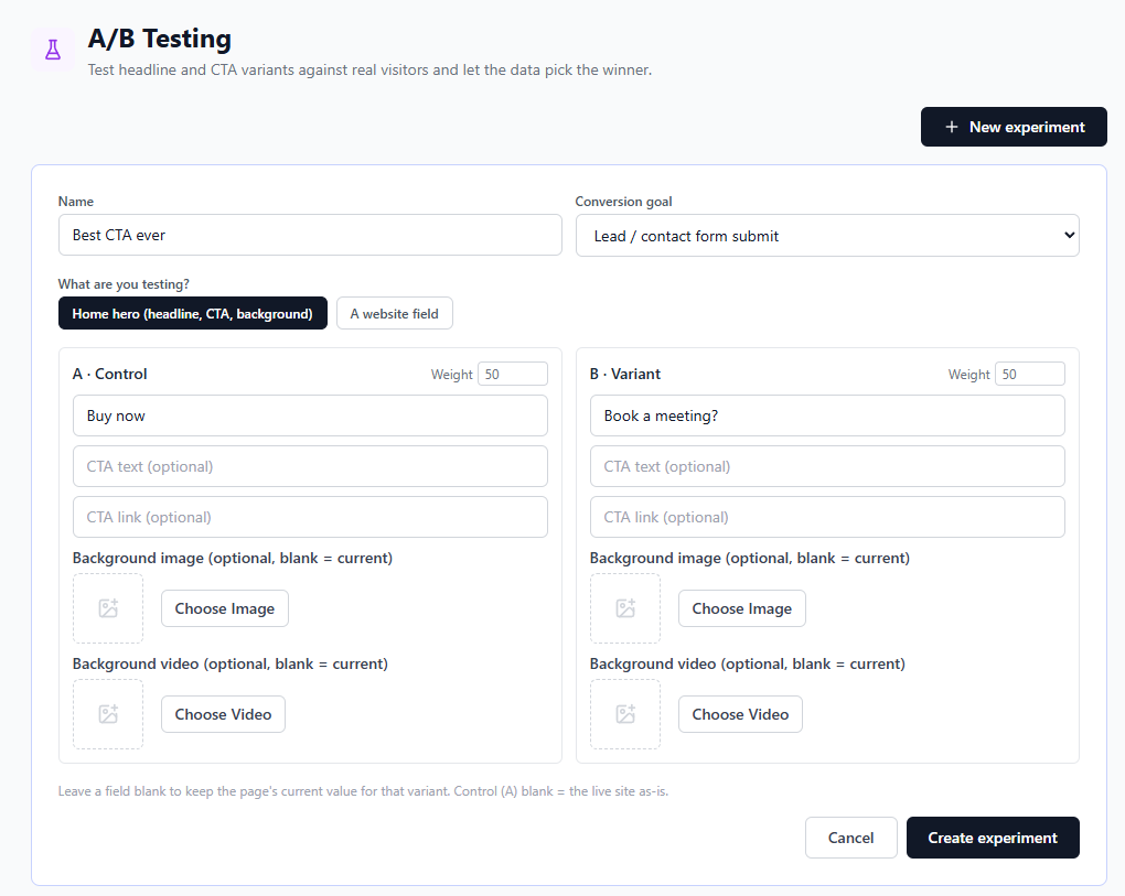 The A/B testing screen reporting variant performance