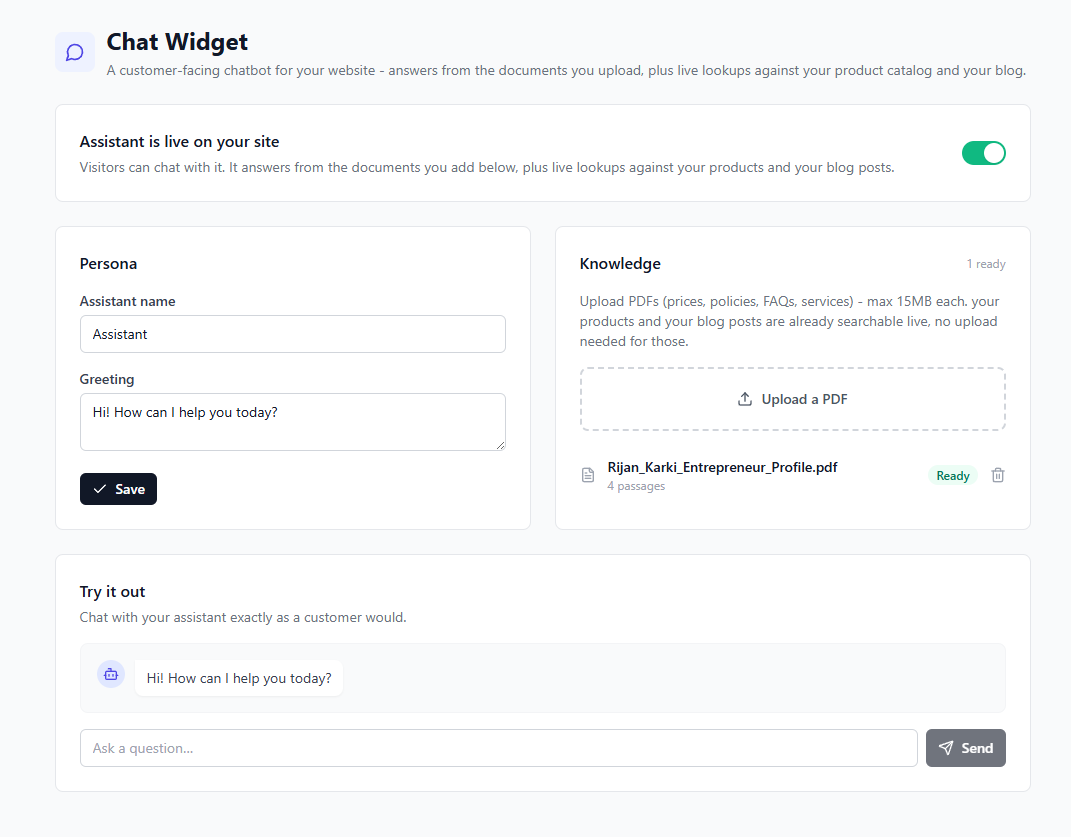 The chat widget configuration screen inside the dashboard