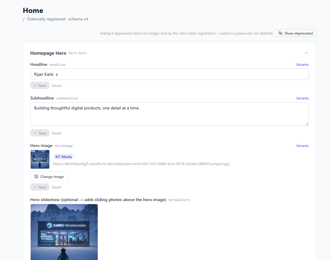 Page editor inside the kitagency dashboard