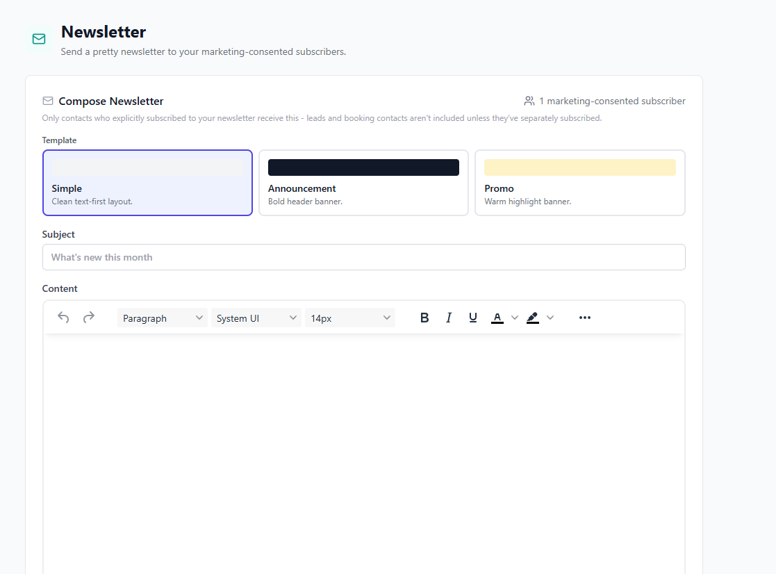 Newsletter inside the kitagency dashboard