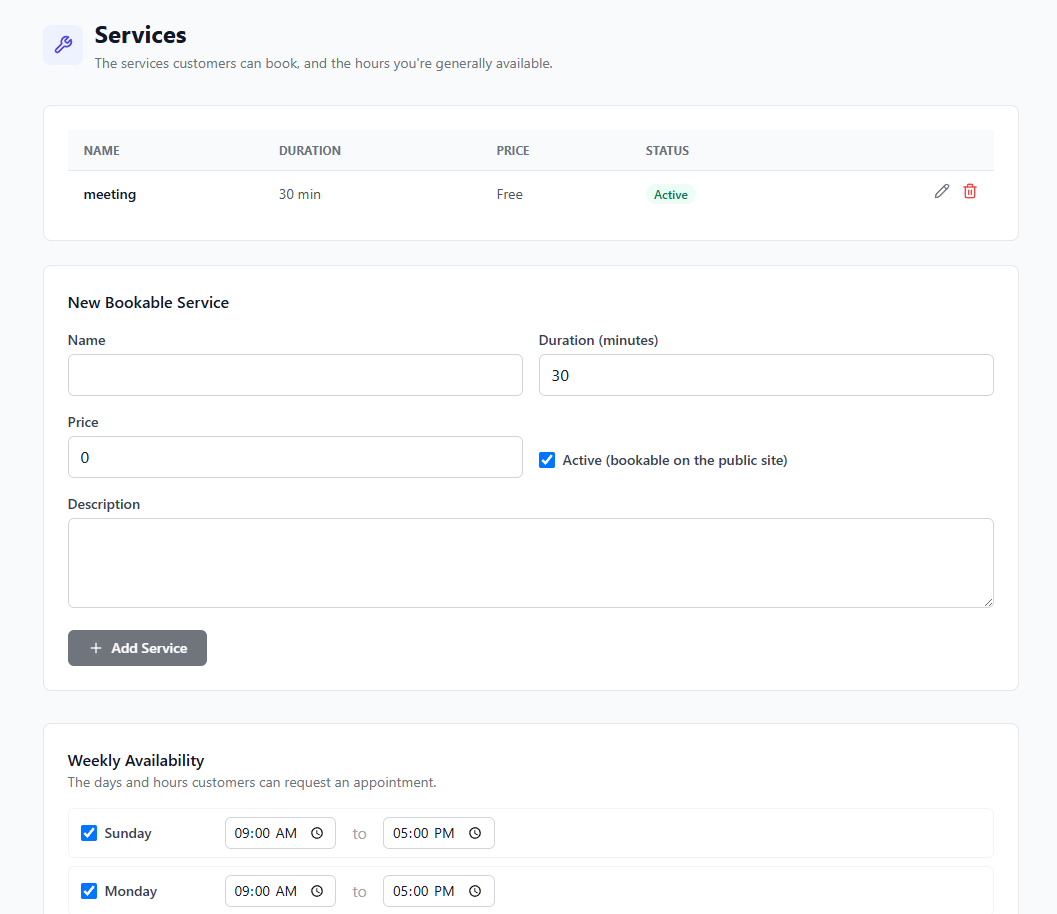 Services screen in the dashboard